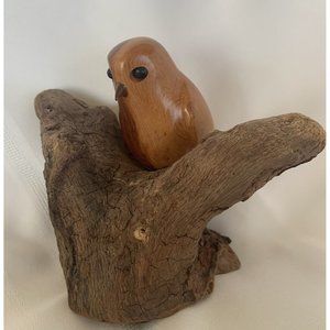 MCM John Bennett Signed Wood Carving Sculpture Elf Owl Redwood Mid Century Style
